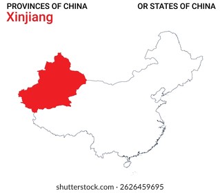 Mapa detalhado da ilustração do vetor de Xinjiang. Contornar mapa da província de Xinjiang em fundo branco. China.