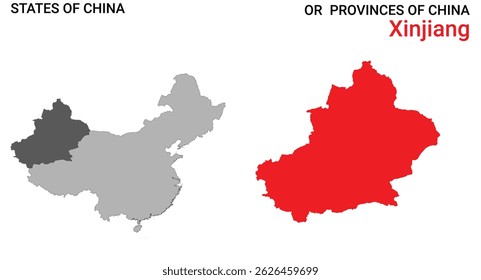 Mapa detalhado da ilustração do vetor de Xinjiang. Contornar mapa da província de Xinjiang em fundo branco. China.