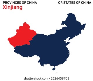 Mapa detalhado da ilustração do vetor de Xinjiang. Contornar mapa da província de Xinjiang em fundo branco. China.