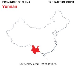 High detailed map of Yunnan vector illustration. Outline Yunnan province map on white background. China.