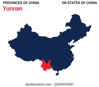 High detailed map of Yunnan vector illustration. Outline Yunnan province map on white background. China.