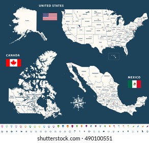 high detailed maps of Canada, United States and Mexico with flags and location\navigation icons. All layers detachable and labeled. Vector