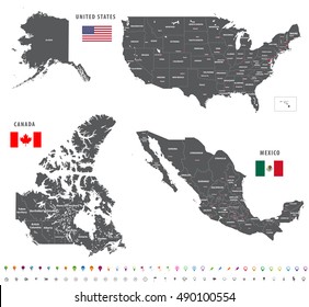 High detailed maps of Canada, United States and Mexico with national flags. All layers detachable and labeled. Vector set