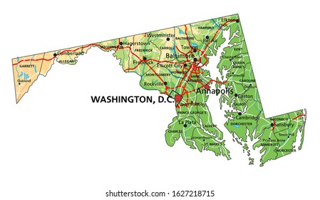 High detailed Maryland physical map with labeling.