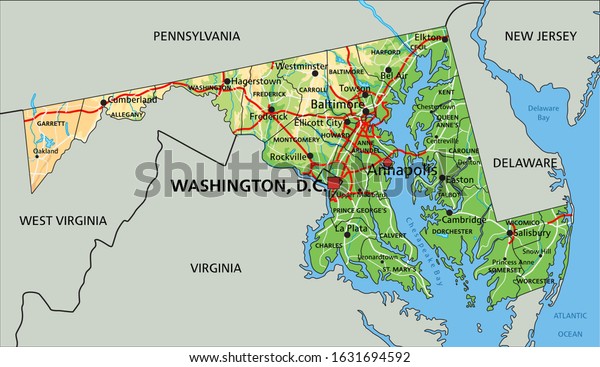 Detailed Map Of Maryland High Detailed Maryland Physical Map Labeling Stock Vector (Royalty Free)  1631694592 | Shutterstock