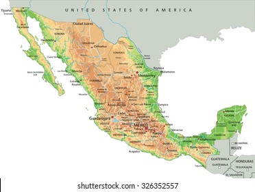 High detailed Mexico physical map with labeling.