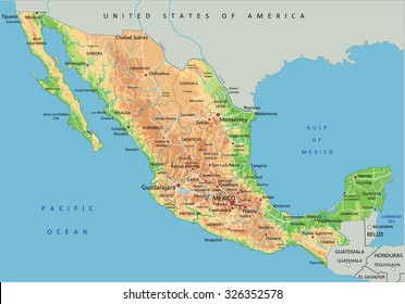 High detailed Mexico physical map with labeling.