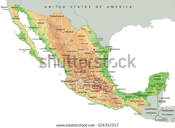 High Detailed Mexico Physical Map Labeling Stock Vector (Royalty Free ...