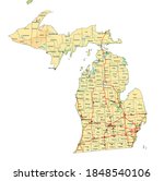 High detailed Michigan physical map with labeling.