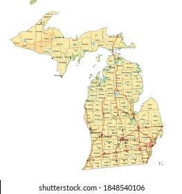 High Detailed Michigan Physical Map Labeling Stock Vector (Royalty Free ...