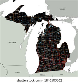 High Detailed Michigan Road Map With Labeling.