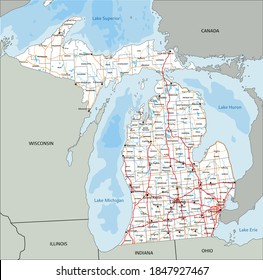 High Detailed Michigan Road Map With Labeling.