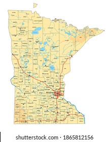 High detailed Minnesota physical map with labeling.