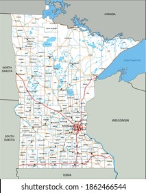 High detailed Minnesota road map with labeling.