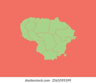 High Detailed Mint Coral Color Map of Lithuania on Coral isolated background, Vector Illustration EPS 10