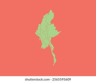 High Detailed Mint Coral Color Map of Myanmar on Coral isolated background, Vector Illustration EPS 10