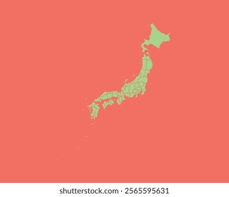 High Detailed Mint Coral Color Map of Japan on Coral isolated background, Vector Illustration EPS 10