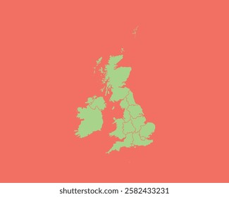 High Detailed Mint Coral Color Map of United Kingdom on Coral isolated background, Vector Illustration EPS 10