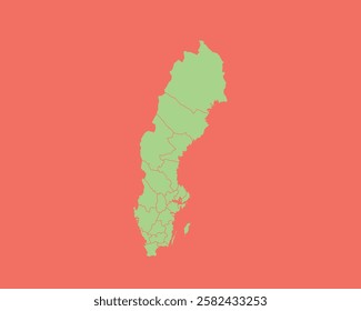 High Detailed Mint Coral Color Map of Sweden on Coral isolated background, Vector Illustration EPS 10