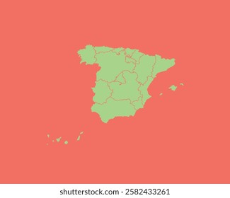 High Detailed Mint Coral Color Map of Spain on Coral isolated background, Vector Illustration EPS 10