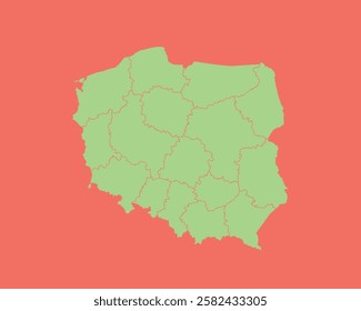 High Detailed Mint Coral Color Map of Poland on Coral isolated background, Vector Illustration EPS 10