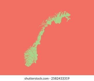 High Detailed Mint Coral Color Map of Norway on Coral isolated background, Vector Illustration EPS 10