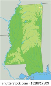High detailed Mississippi physical map.