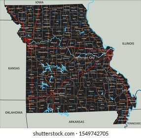 High detailed Missouri road map with labeling.