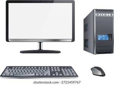 Alto caso detallado de la computadora 3D de la computadora moderna realista con el monitor, el teclado y el ratón, en el fondo transparente, Ilustración vectorial aislada