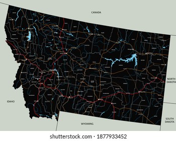 High Detailed Montana Road Map With Labeling.