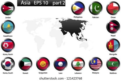 High detailed national flags of Asian countries, clipped in round shape glossy metal buttons, vector, part 2