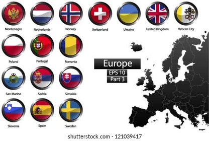 High detailed national flags of European countries, clipped in round shape glossy metal buttons, vector , part 3