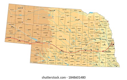 High Detailed Nebraska Physical Map Labeling Stock Vector Royalty Free High Detailed Nebraska Physical Map 260nw 1848601480
