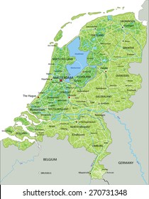 High detailed Netherlands physical map with labeling.