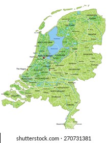 High detailed Netherlands physical map with labeling.