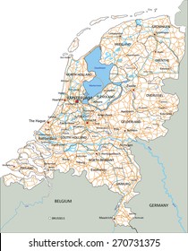 High detailed Netherlands road map with labeling.