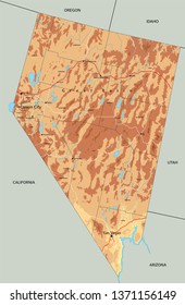 High detailed Nevada physical map with labeling.