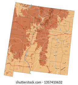 High detailed New Mexico physical map with labeling.