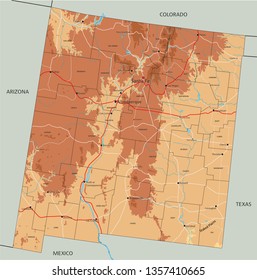 High detailed New Mexico physical map with labeling.