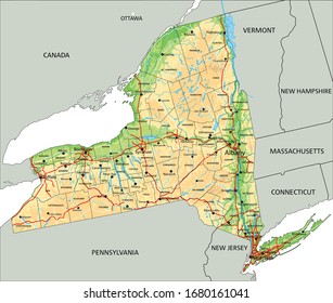 High detailed New York physical map with labeling.
