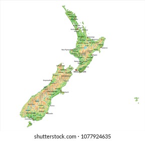 High detailed New Zealand physical map with labeling.