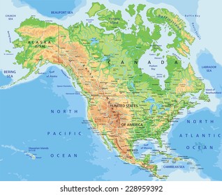 High detailed North America physical map with labeling.
