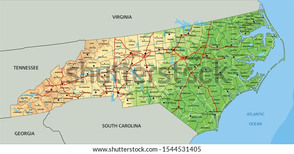 High Detailed North Carolina Physical Map Stock Vector (Royalty Free ...