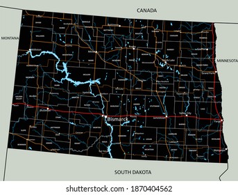 High detailed North Dakota road map with labeling.