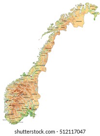 High detailed Norway physical map with labeling.