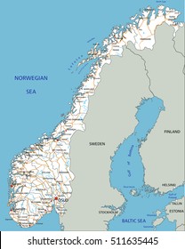 High detailed Norway road map with labeling.