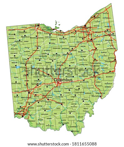 High detailed Ohio physical map with labeling.