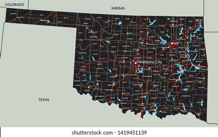 High Detailed Oklahoma Road Map With Labeling.