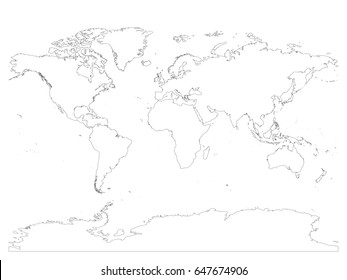 High detailed outline of world map with Antarctica. Simple thin black vector stroke on white background.