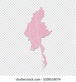 High detailed pastel color map of Myanmar. Myanmar map isolated on transparent background. Vector illustration eps 10.